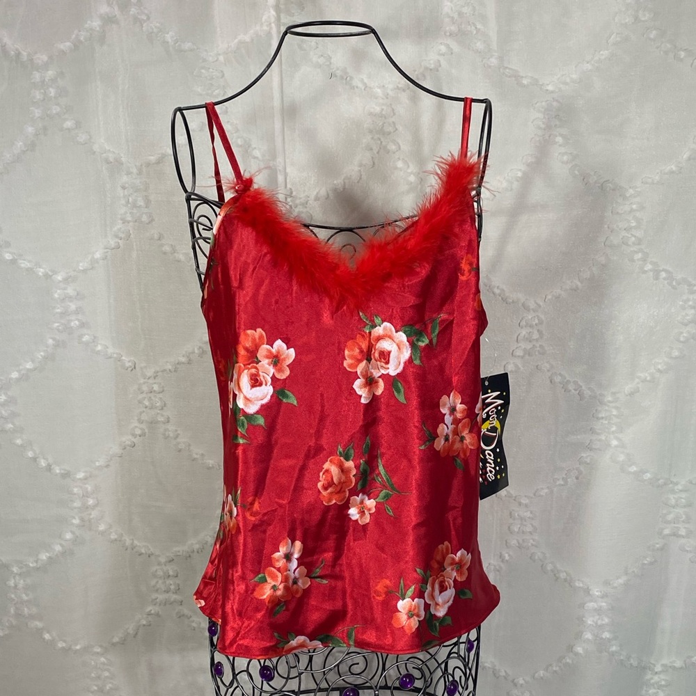 NWT Moon Dance Size M Red Floral Satin Camisole with Feather Trim